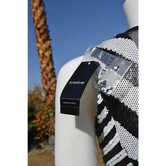 NEW Bebe Sequin Cocktail Party Mini Dress Black White Chevron XS Small LT01P - Picture 5 of 8